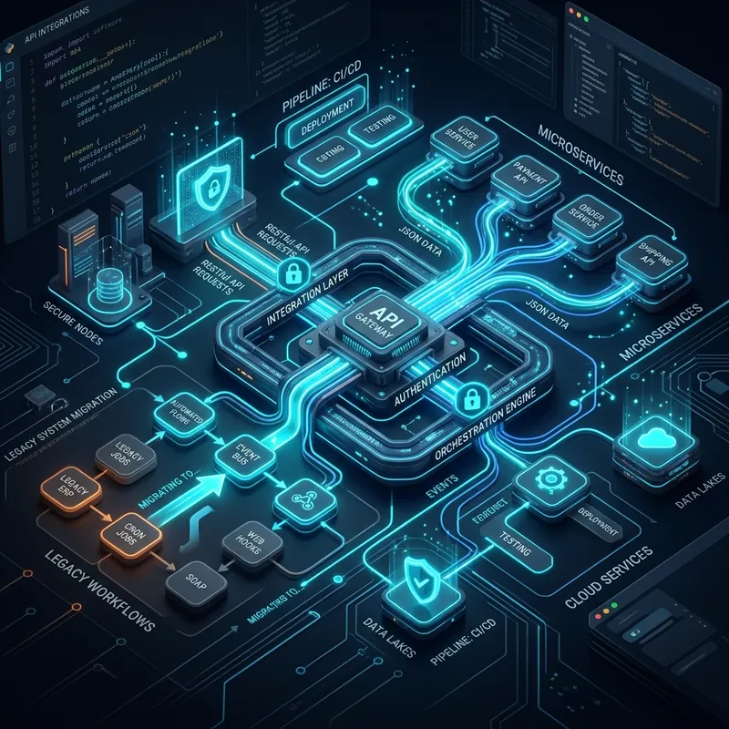High-tech conceptual 3D illustration representing complex API integrations, automated workflows, and robust RESTful APIs.