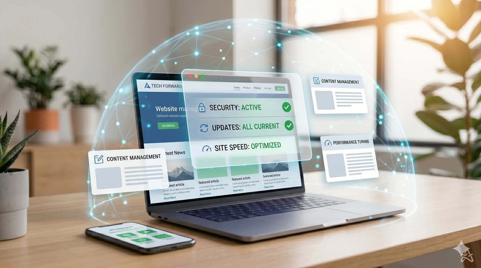 A tech professional reviewing website analytics and server health on multiple monitors in a modern workspace, symbolizing comprehensive platform management and technical support.