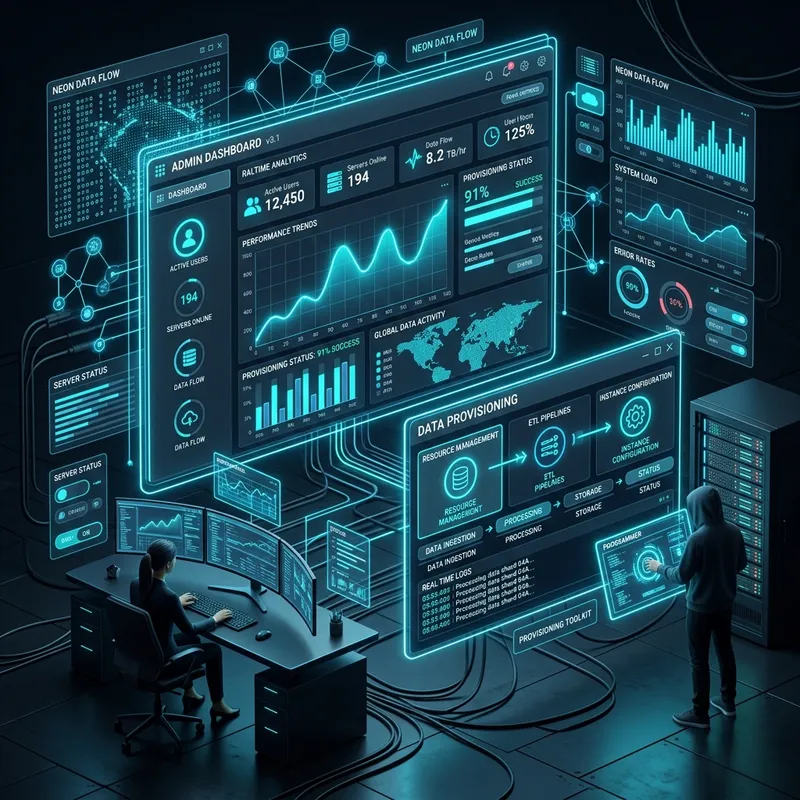 High-tech conceptual 3D illustration representing custom administrative dashboards, heavy data processing visualizations, and sleek interfaces.