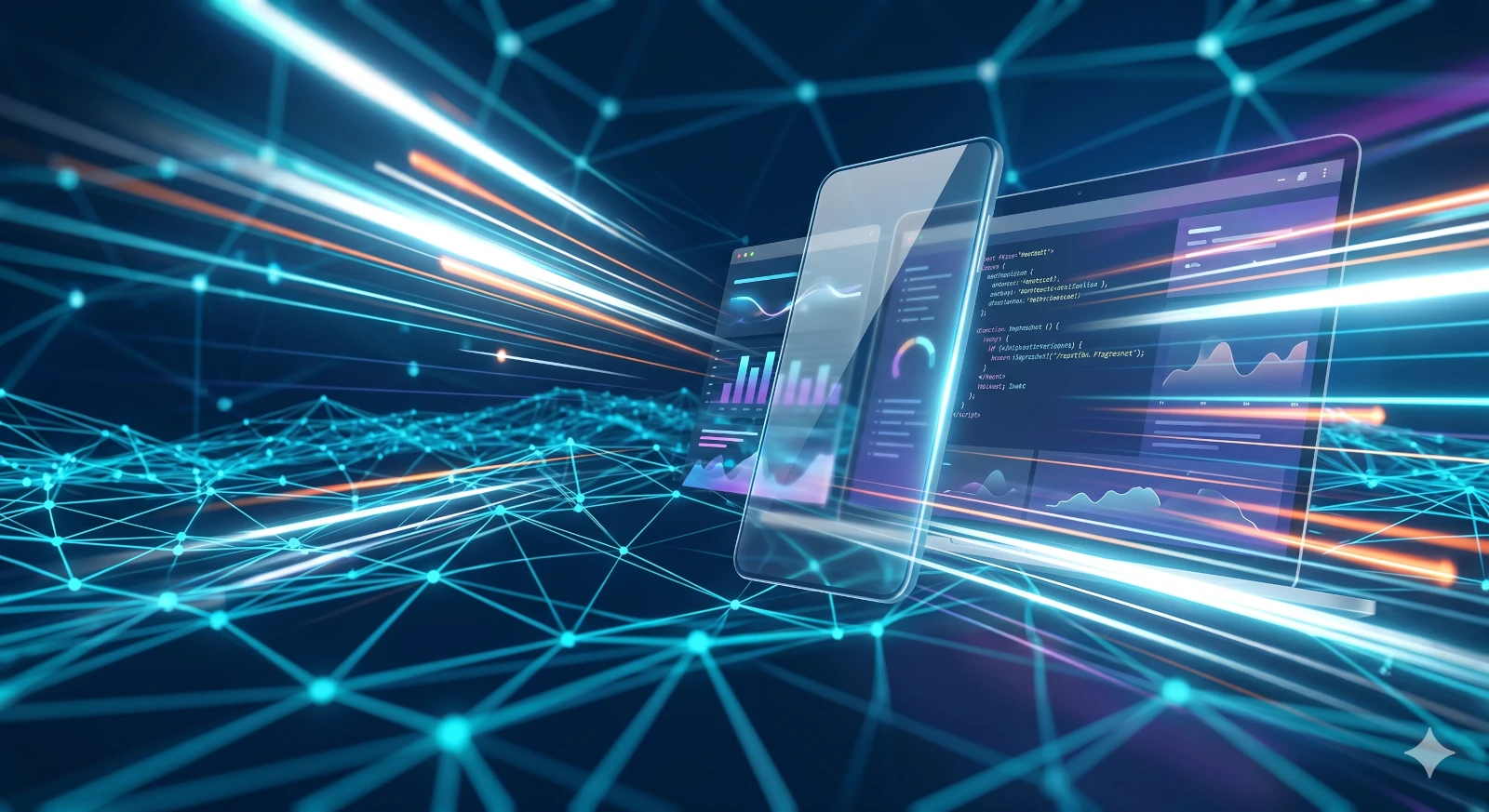 A 3D abstract digital concept of a sleek smartphone and laptop displaying data dashboards and clean code, surrounded by neon blue network mesh and fast light streaks symbolizing lightning-fast web performance.