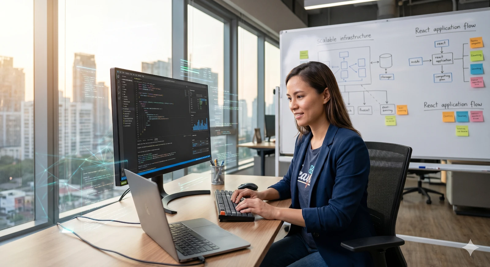 A female software engineer developing a high-performance React application in a modern office with scalable infrastructure diagrams on a whiteboard.