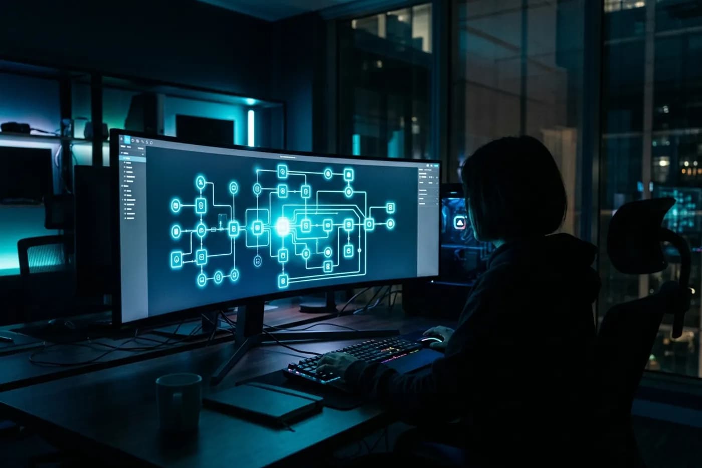 Developer at a curved monitor showing a glowing workflow diagram of connected steps.