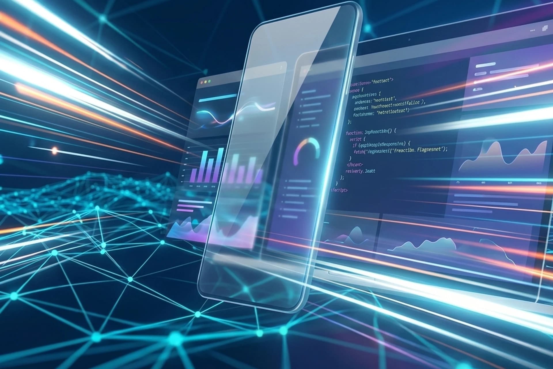 3D abstract digital concept of a smartphone and laptop displaying data dashboards and code.
