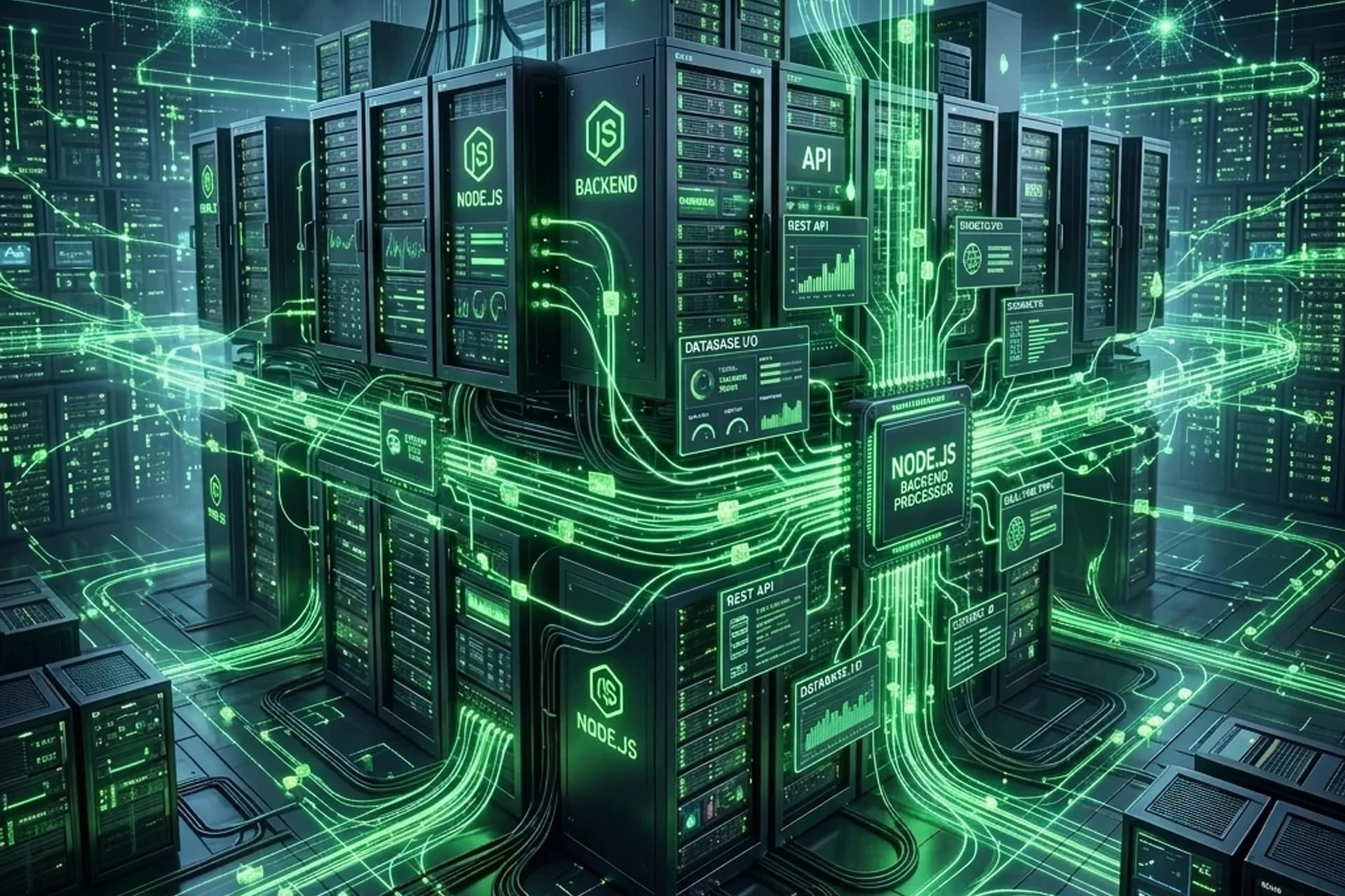 3D illustration of a Node.js backend server showing glowing green data streams.