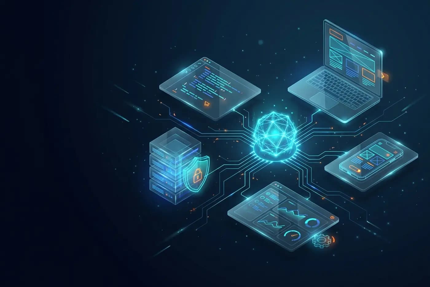 Isometric illustration of a central hub linking a website on a laptop, a mobile site, code, a secure server and an analytics dashboard.