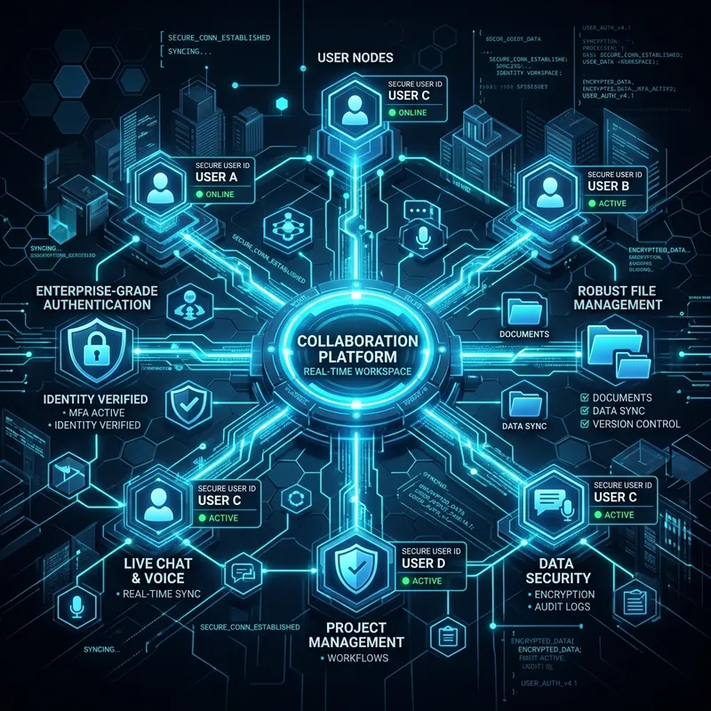 High-tech conceptual 3D illustration representing interactive collaboration platforms, real-time online workspaces, and secure cybernetic networks.