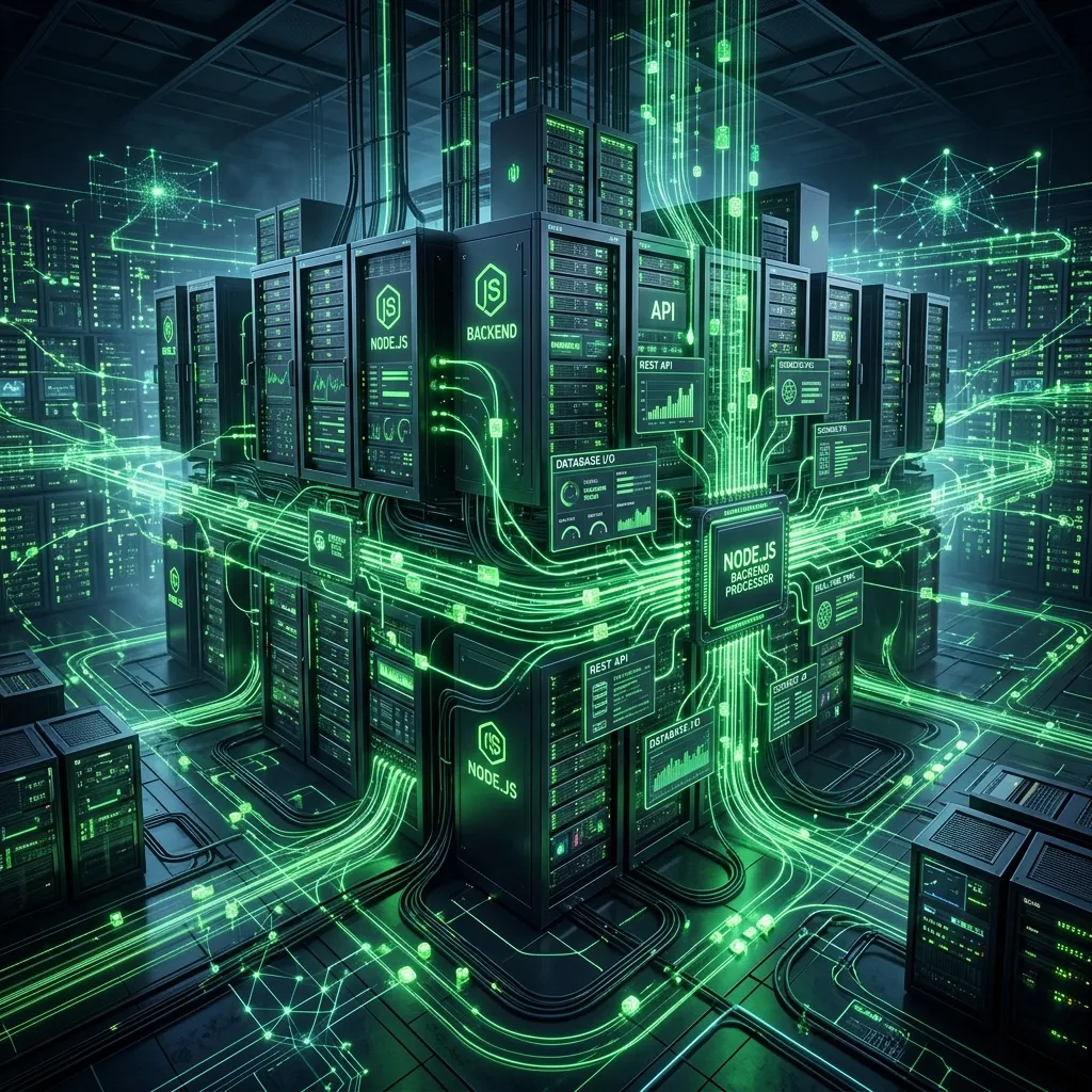 High-tech conceptual 3D illustration of a Node.js backend server showing glowing green data streams and intricate API networks