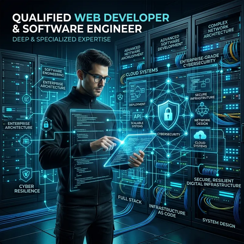 A professional high-tech conceptual 3D illustration of qualified web developers and software engineers building secure network architecture.