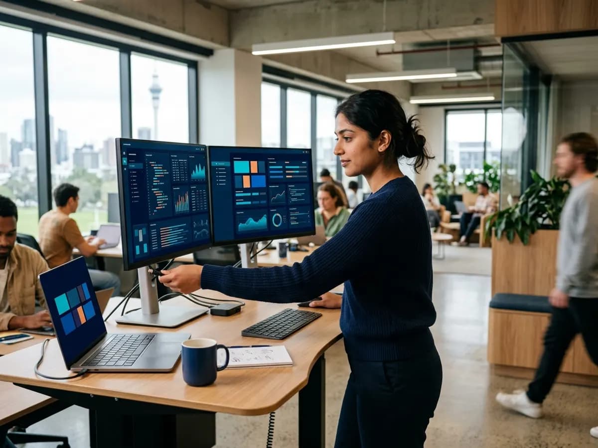 A developer at a desk with two monitors, testing connections between systems.