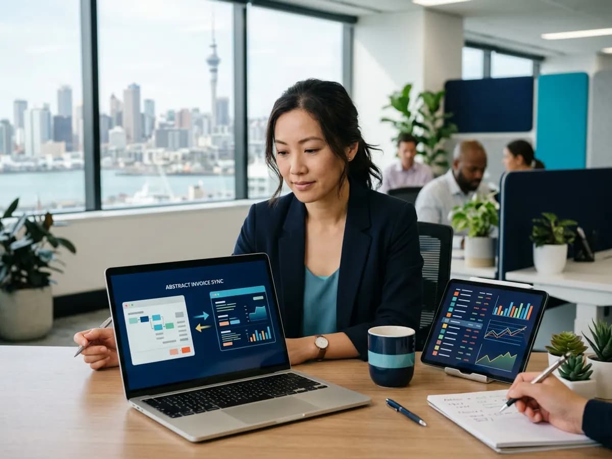 A finance manager watching invoices move between two apps on her screen, with a tablet showing a stock list beside her.