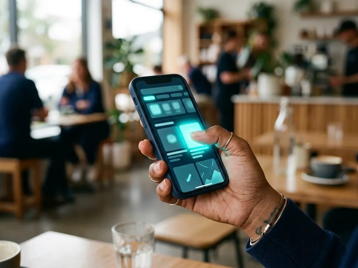 Hand holding a phone that shows a page of search results