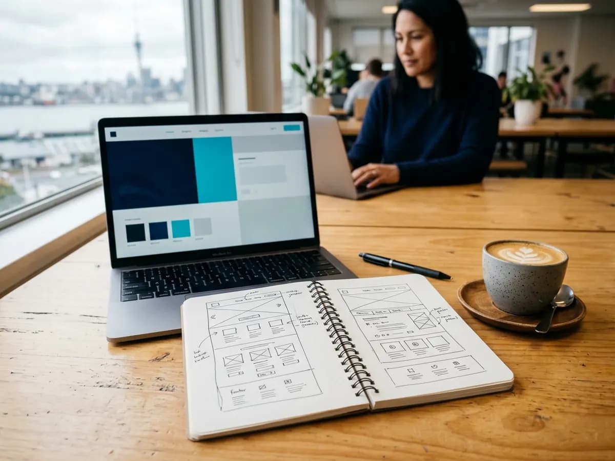 Open notebook with hand-drawn website sketches beside a laptop and a cup of coffee