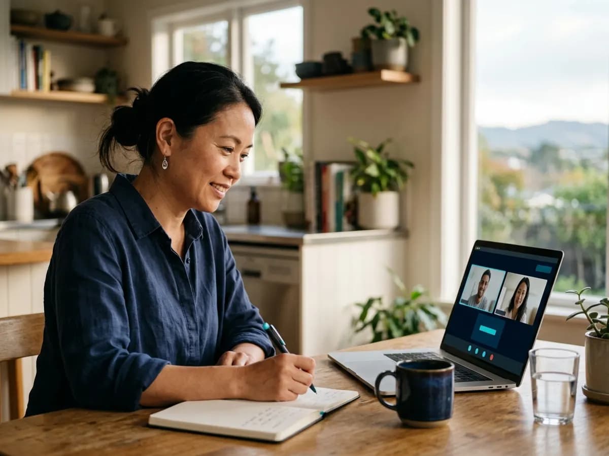 A business owner taking notes during a video call on a laptop
