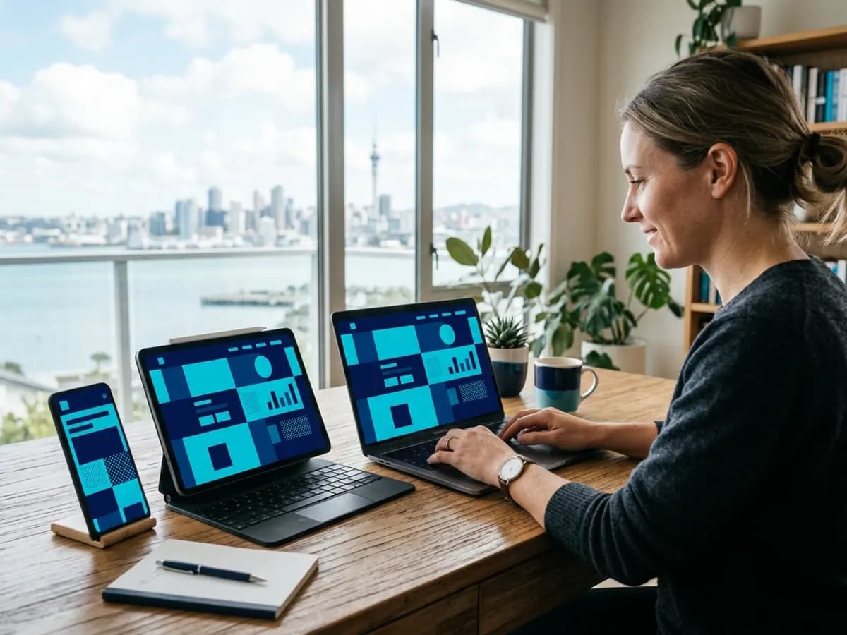 Phone, tablet and laptop side by side showing the same website layout