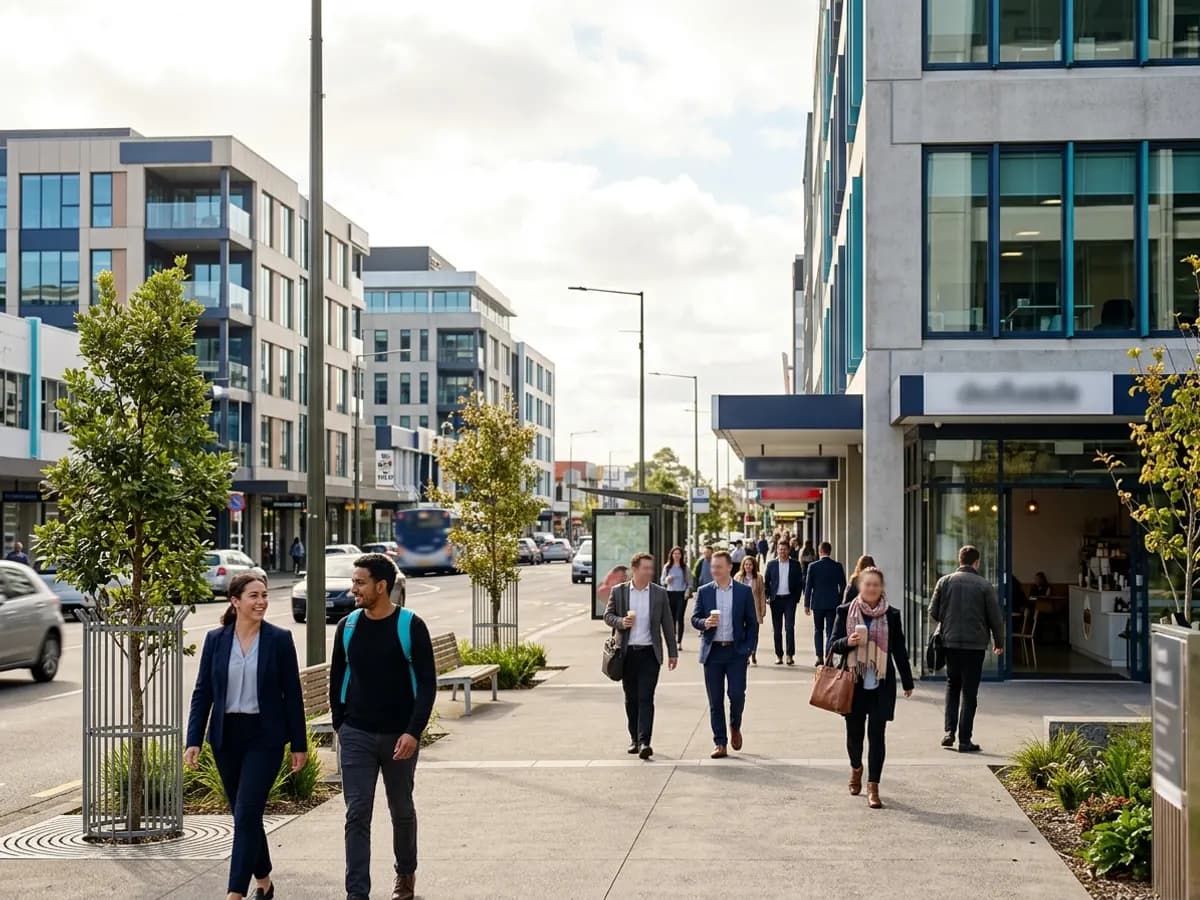 A sunny commercial street with offices and people walking to work in South Auckland