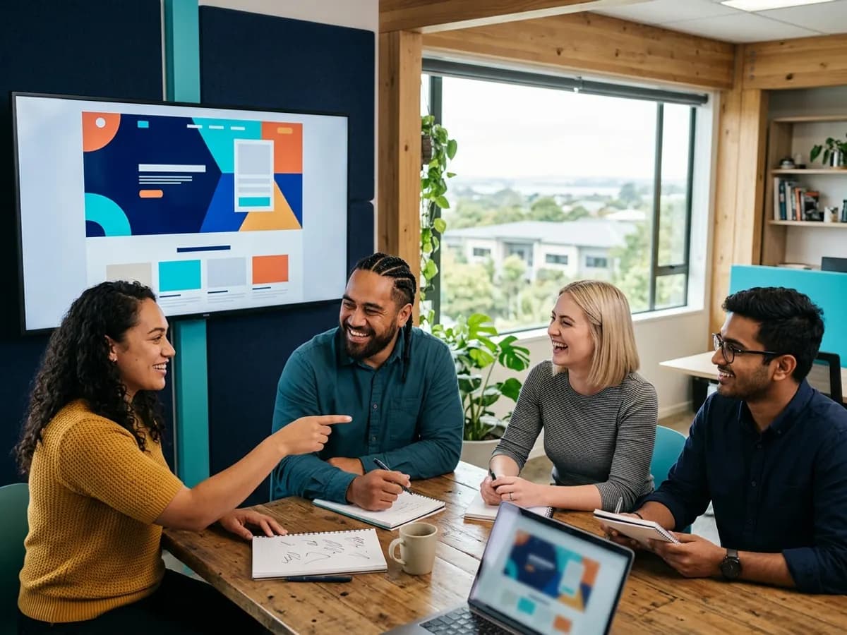 A small office team reviewing a website design together on a large screen