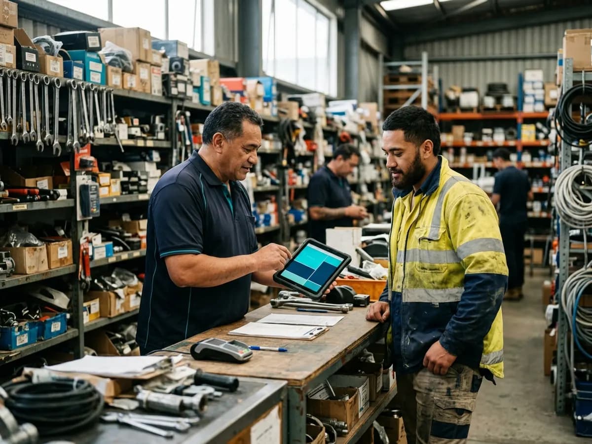 A staff member taking an order on a tablet at a trade supply counter while a tradesperson waits