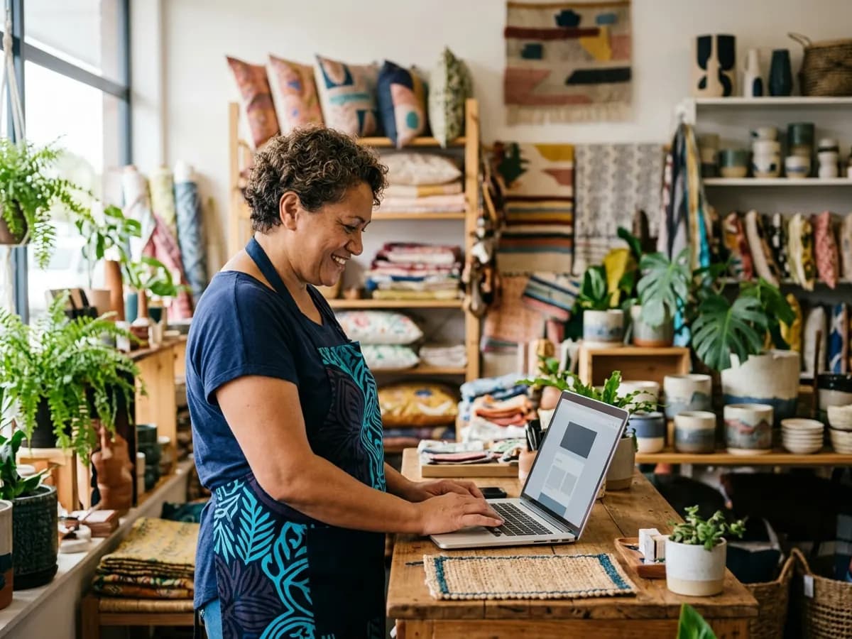 A smiling shop owner using a laptop at the counter of a homeware and gift shop