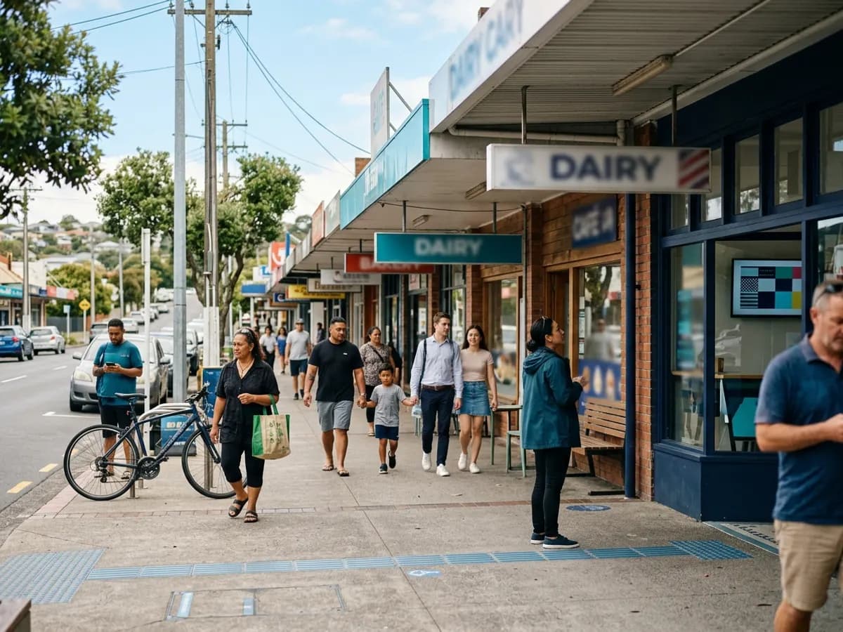 A sunny row of local shops with verandahs in a South Auckland town centre