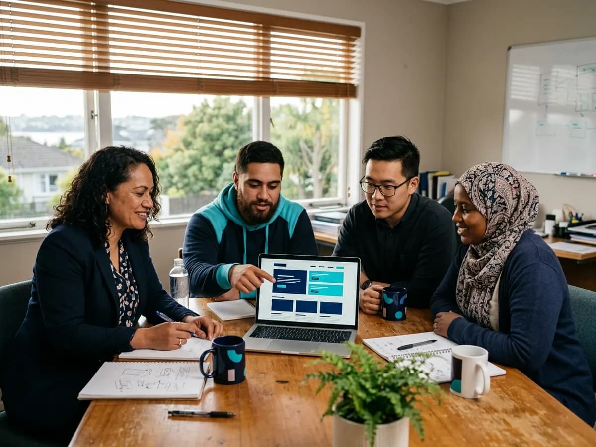 A team gathered around a laptop planning a website in a suburban office