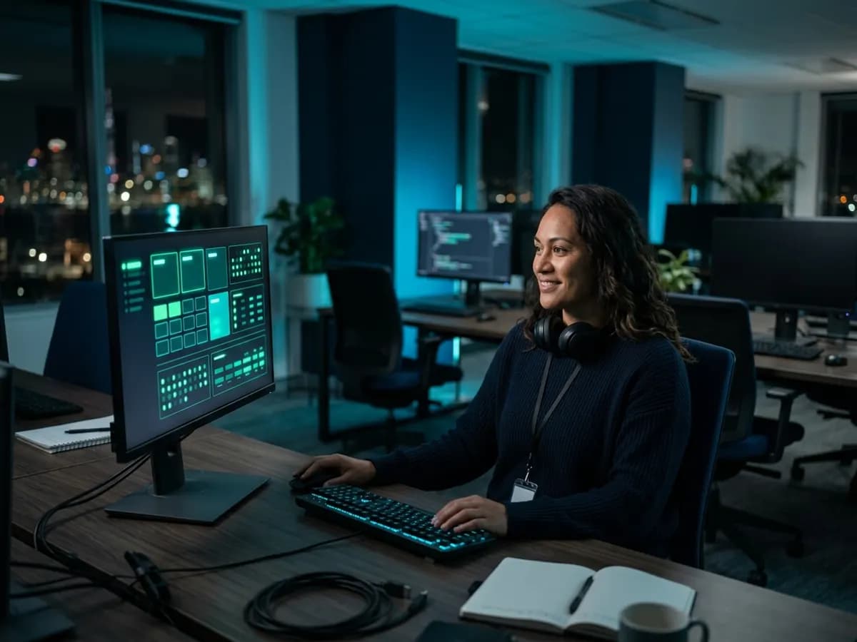 A developer smiling at her desk at night, with a monitoring dashboard of green status tiles on her screen.
