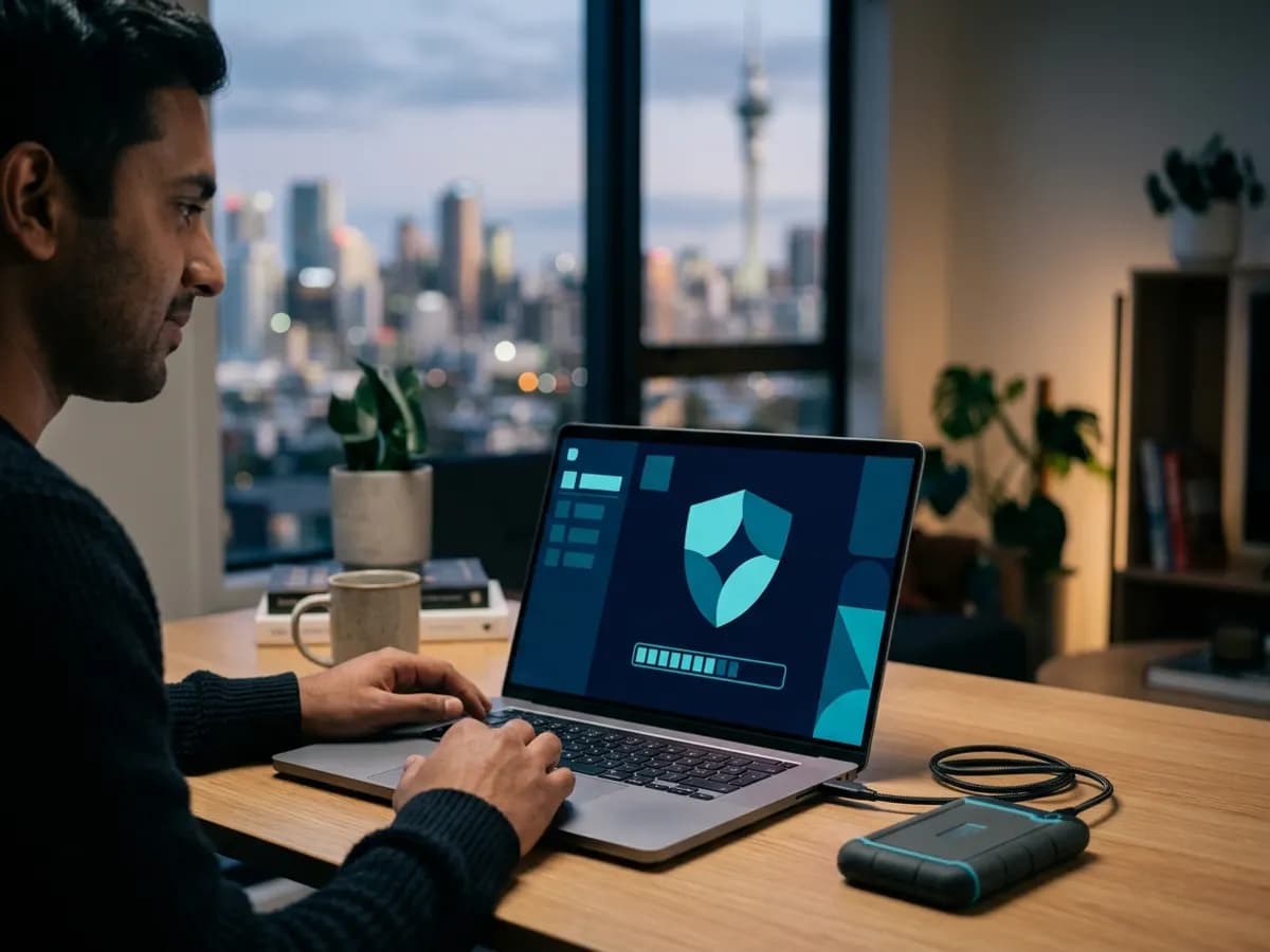 A man working on a laptop that shows a shield icon and a progress bar, with an external backup drive plugged in beside it and the Auckland skyline outside.