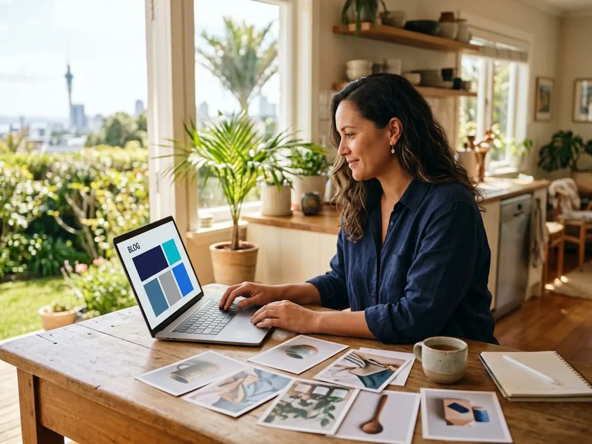Business owner editing a blog post on a laptop at a kitchen bench