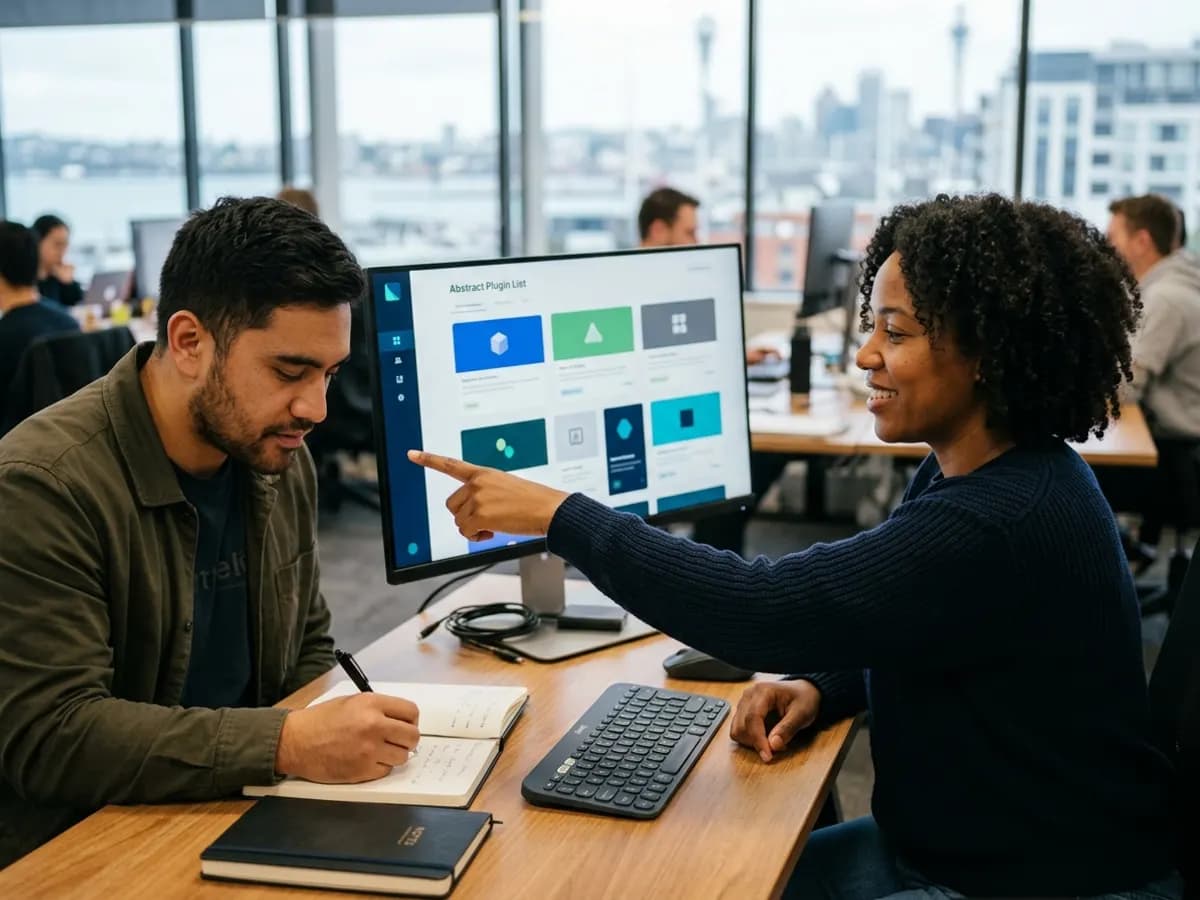 A developer and a colleague reviewing a list of WordPress plugins on a screen