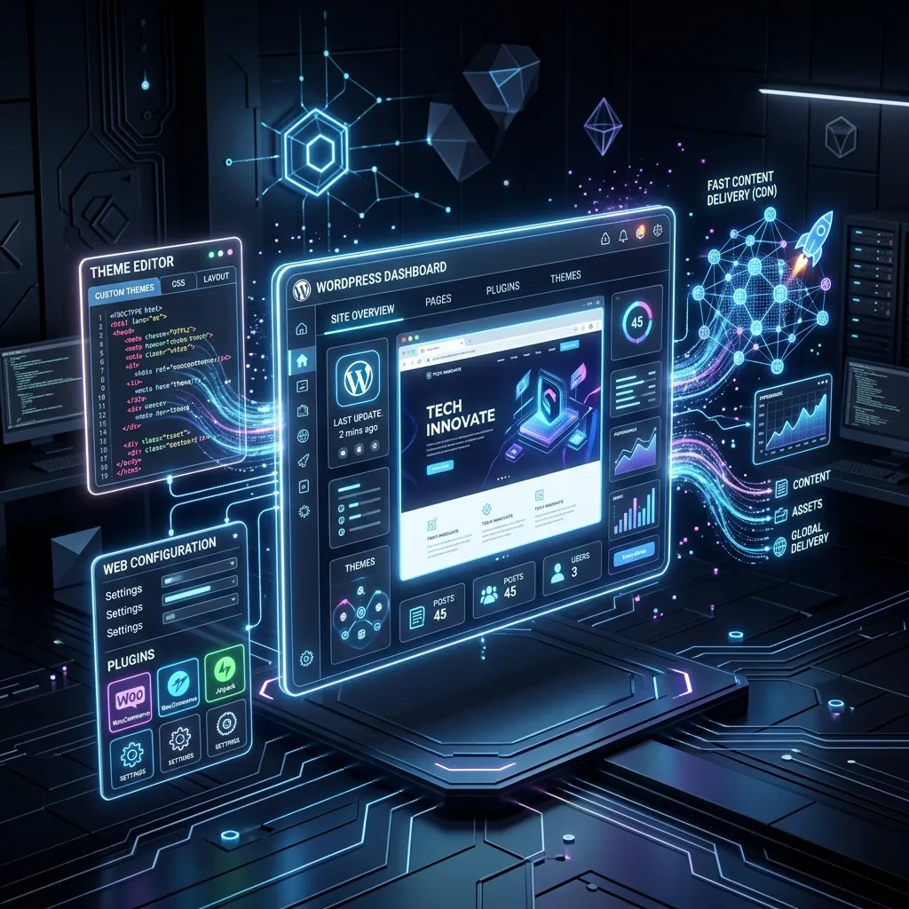 Modern high-tech 3D illustration representing WordPress website development, web configuration, and fast content delivery
