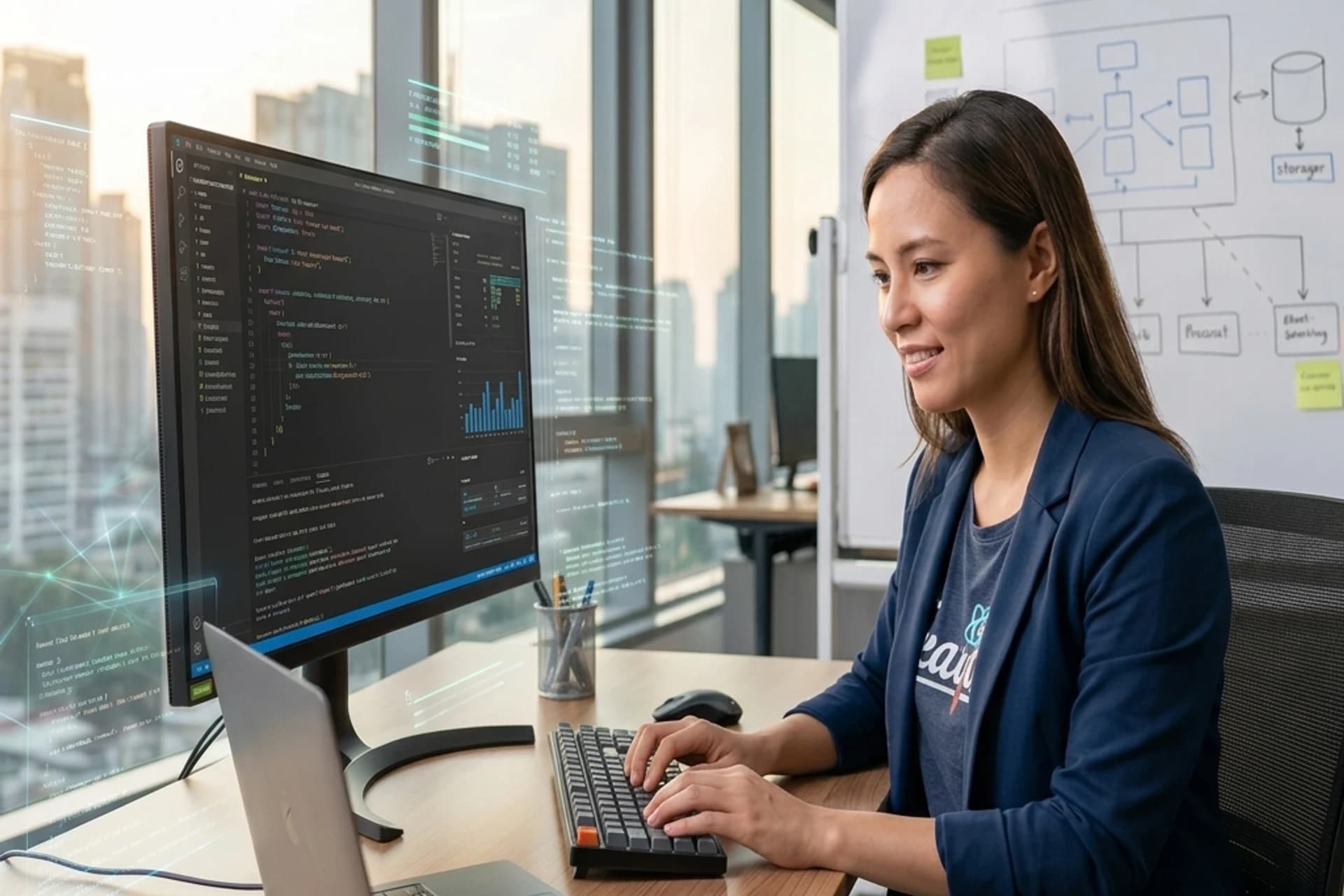 Tasman Tech Web Development & Engineering A female software engineer developing a website in a modern office with diagrams on a whiteboard.