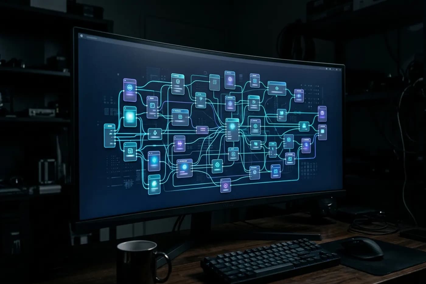 n8n Workflow Automation A visual n8n workflow of connected steps on a screen.