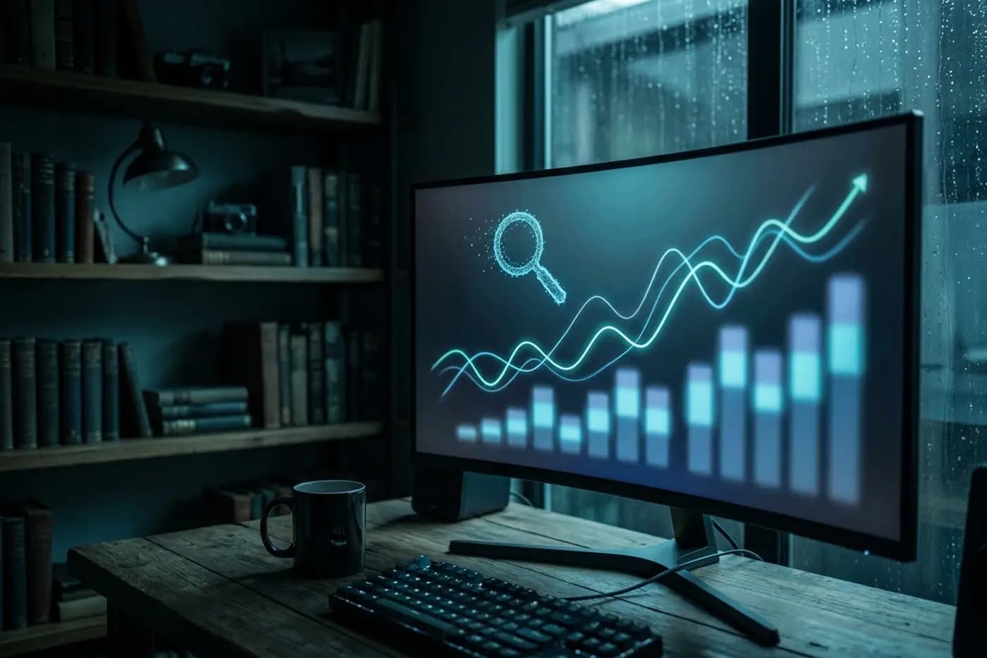 SEO Services A curved monitor on a desk at night showing a rising search traffic chart and a magnifying glass.