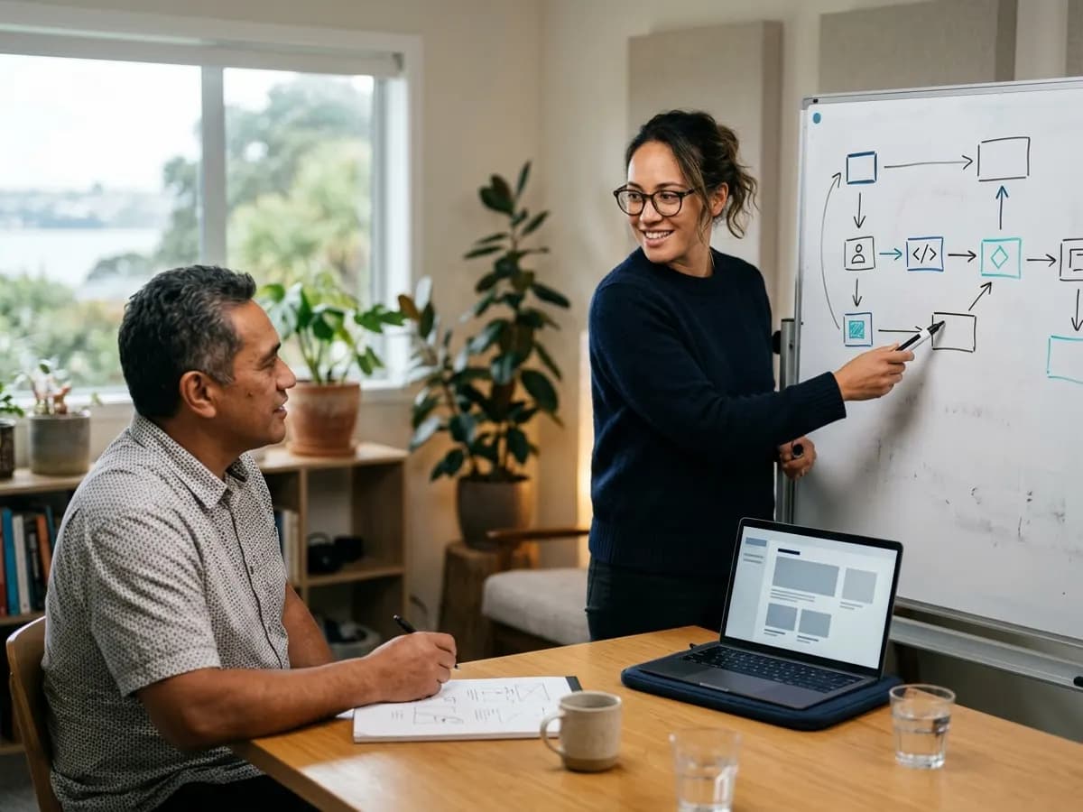 A developer pointing at a flow diagram on a whiteboard while a business owner listens