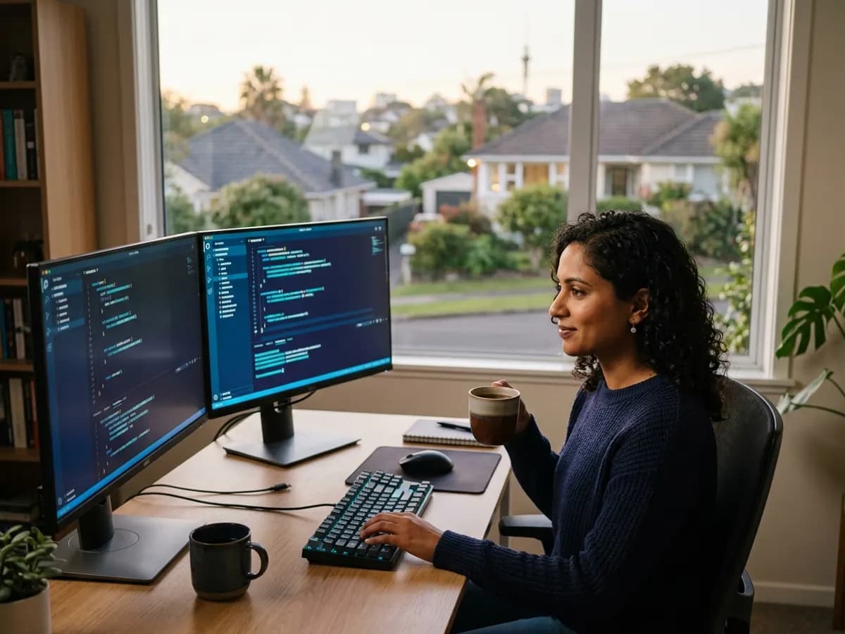 A developer working at a desk with two monitors beside a window looking onto a suburban street