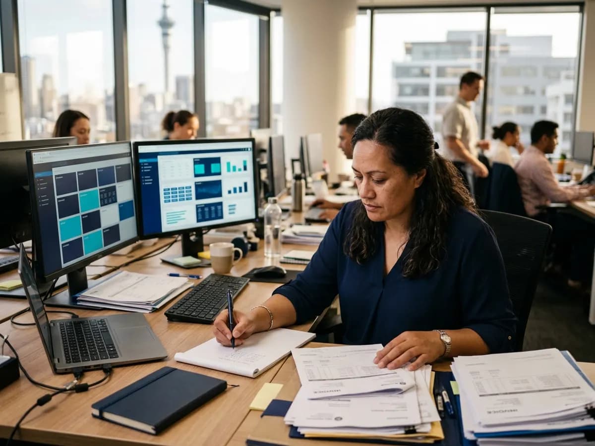 Office worker writing notes beside tall stacks of paper invoices, with spreadsheets open on two monitors