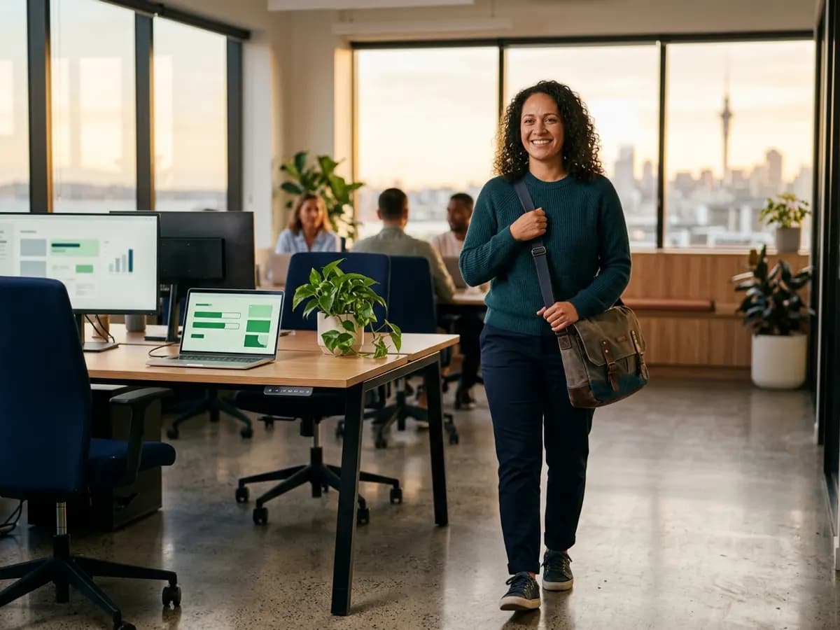 Smiling business owner with a shoulder bag walking out of an office, a laptop on the desk behind her showing progress bars