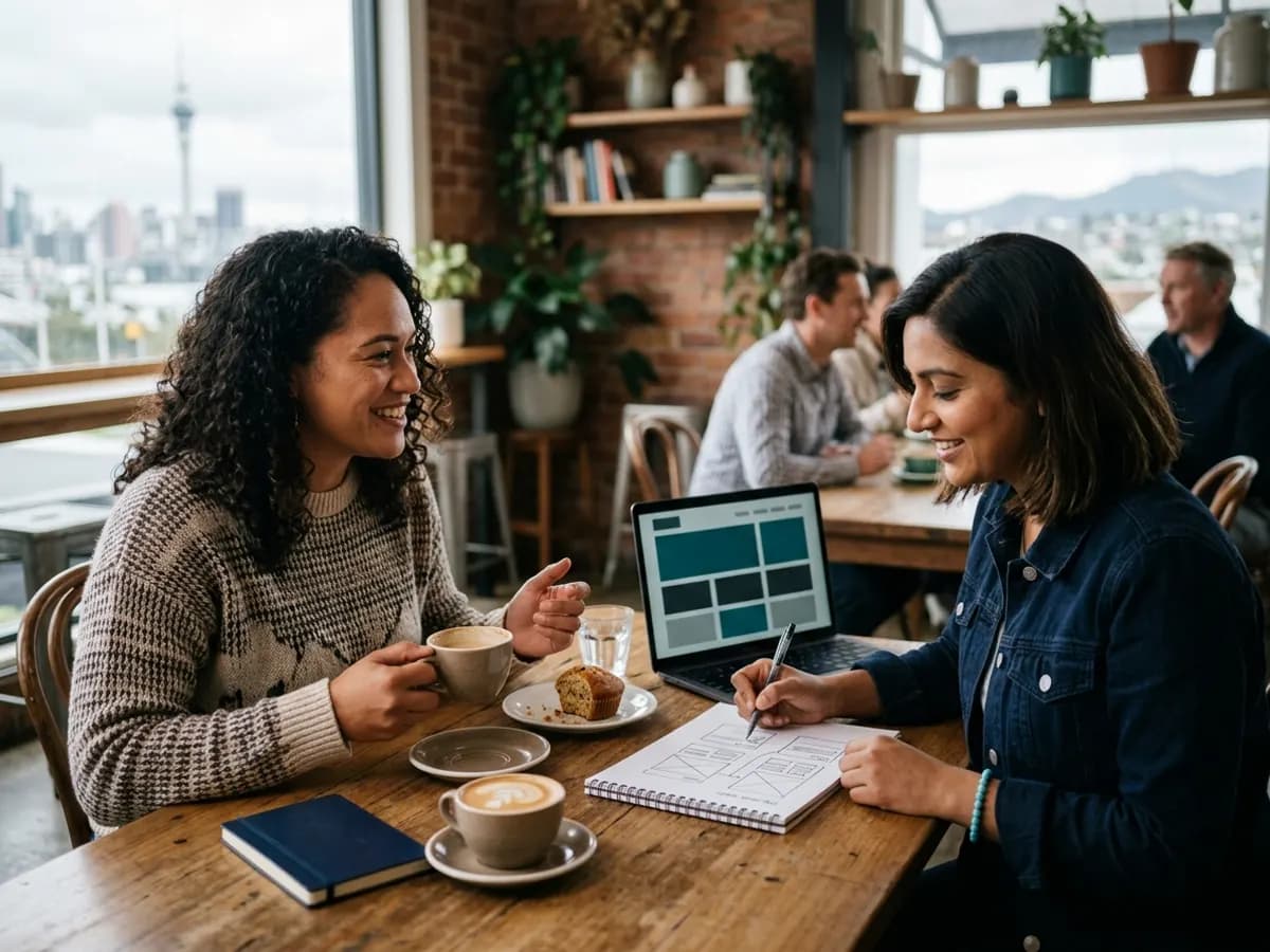 Two people sketching website ideas on paper over cups of coffee