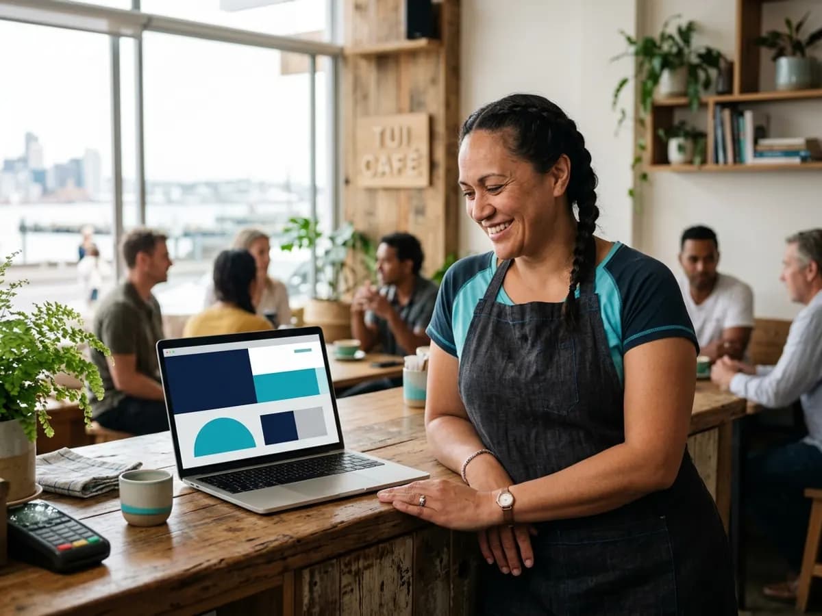 A smiling café owner sitting at a table and looking at a laptop