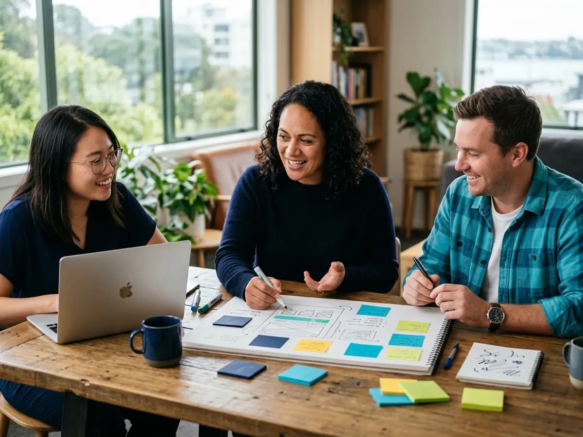 Developers and a business owner planning a project with sticky notes on a wall