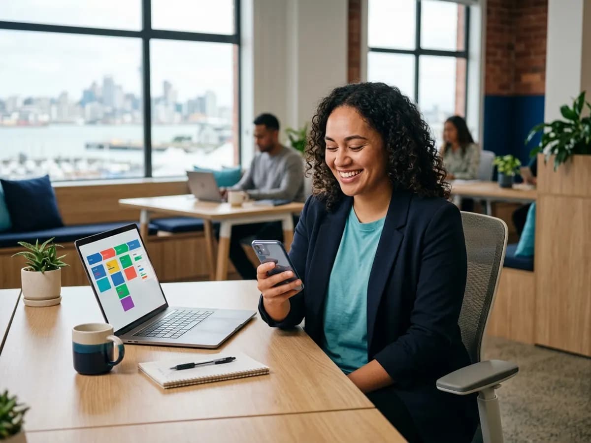 A smiling salesperson looking at a notification on her phone, with a CRM board open on the laptop in front of her.
