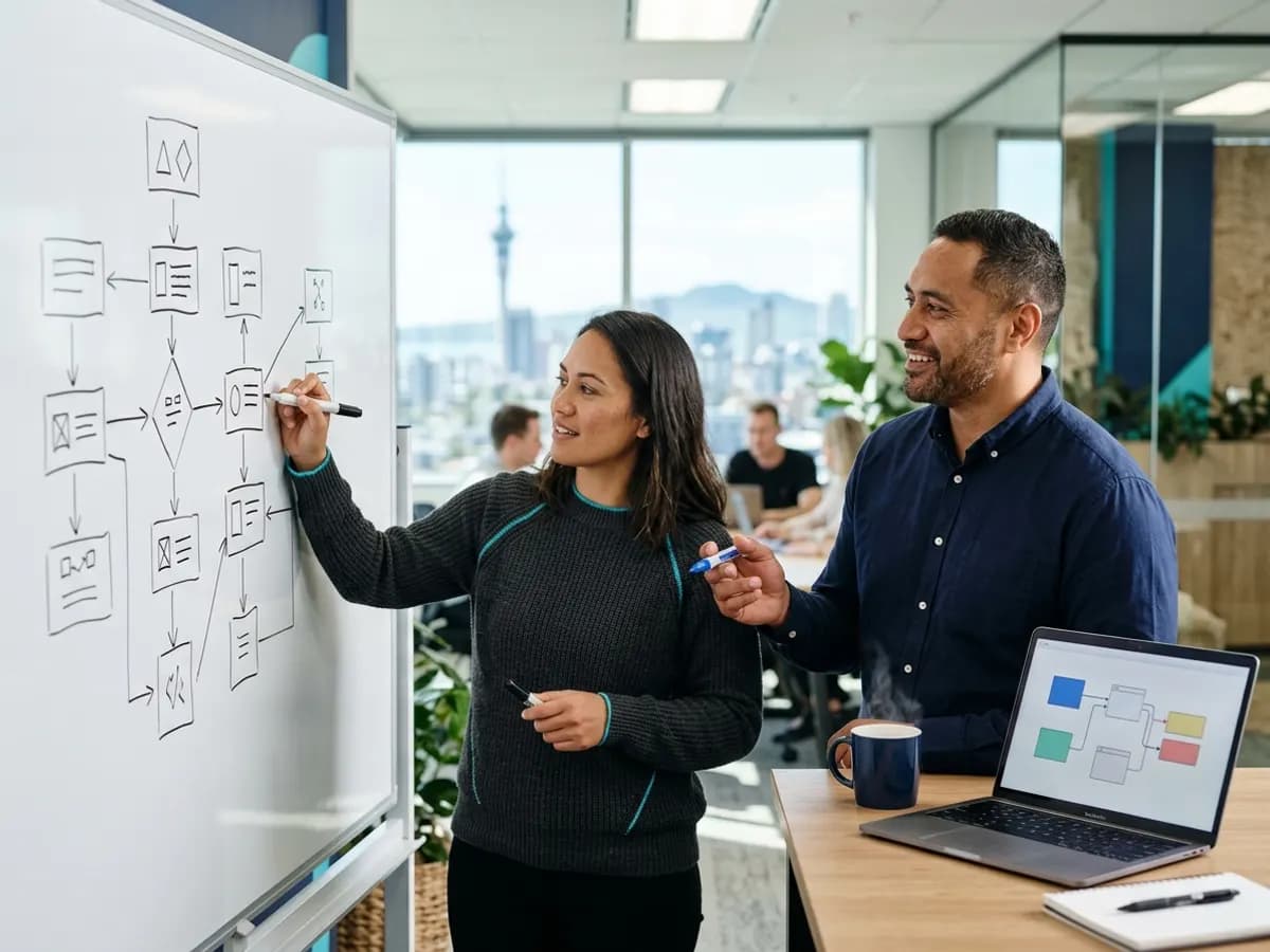 A developer and a business owner sketching a workflow of boxes and arrows on a whiteboard.