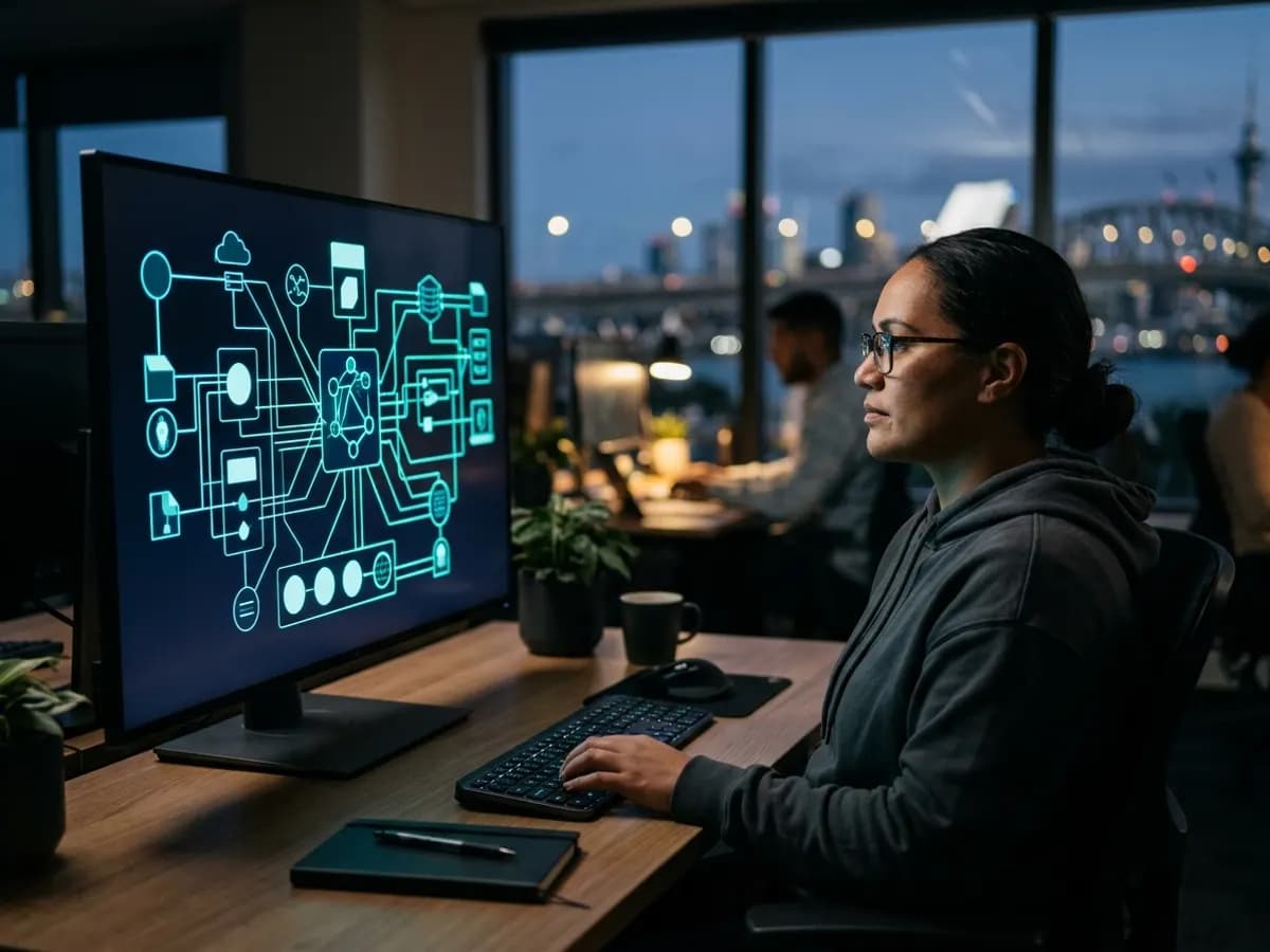 A developer at her desk at night looking at a large screen showing a diagram of connected systems, with city lights and a bridge outside the window.