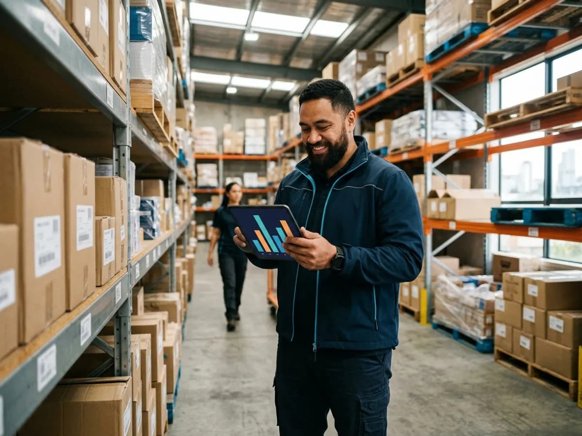 A smiling warehouse worker checking a bar chart on a tablet between shelves of cardboard boxes, with a colleague walking behind him.