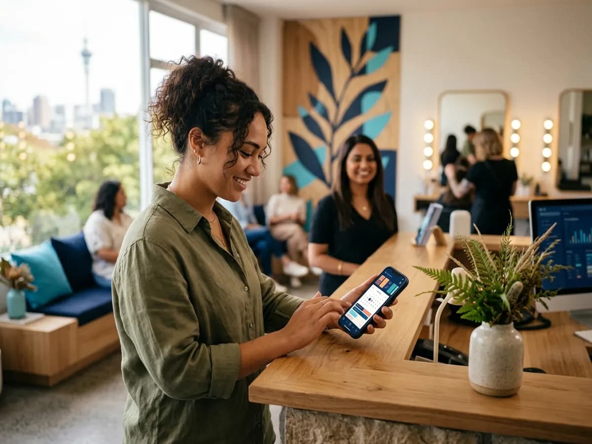 A woman smiling at a booking calendar on her phone at a salon reception desk, with a staff member behind the counter and clients waiting on a couch.