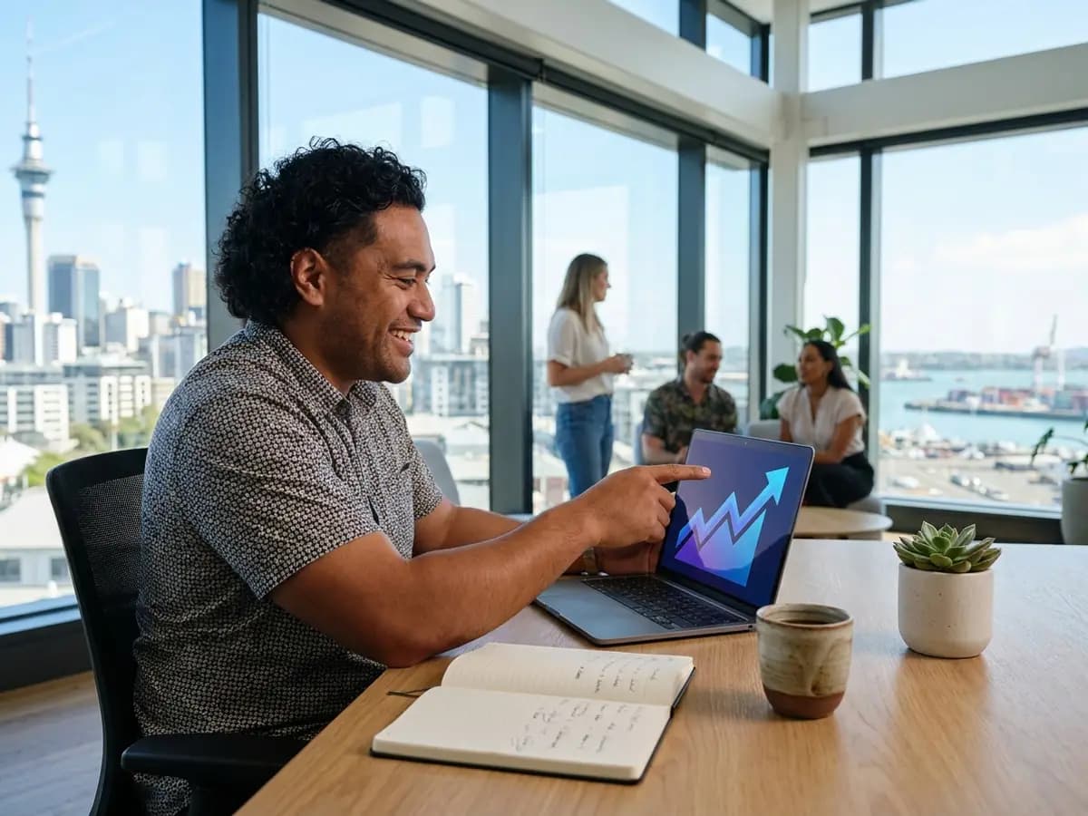 A smiling man in an Auckland office pointing at a rising search traffic chart on his laptop, with the Sky Tower behind him.