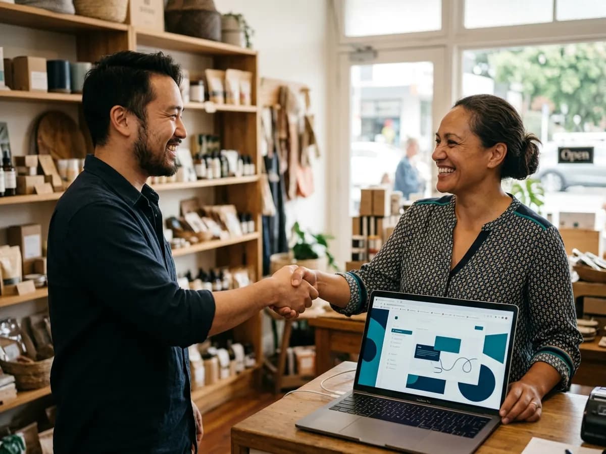 A shop owner and a web developer shaking hands at the counter beside a laptop