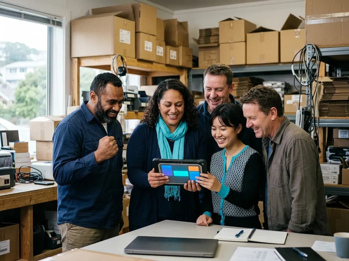A team in a shop back office smiling at a tablet together